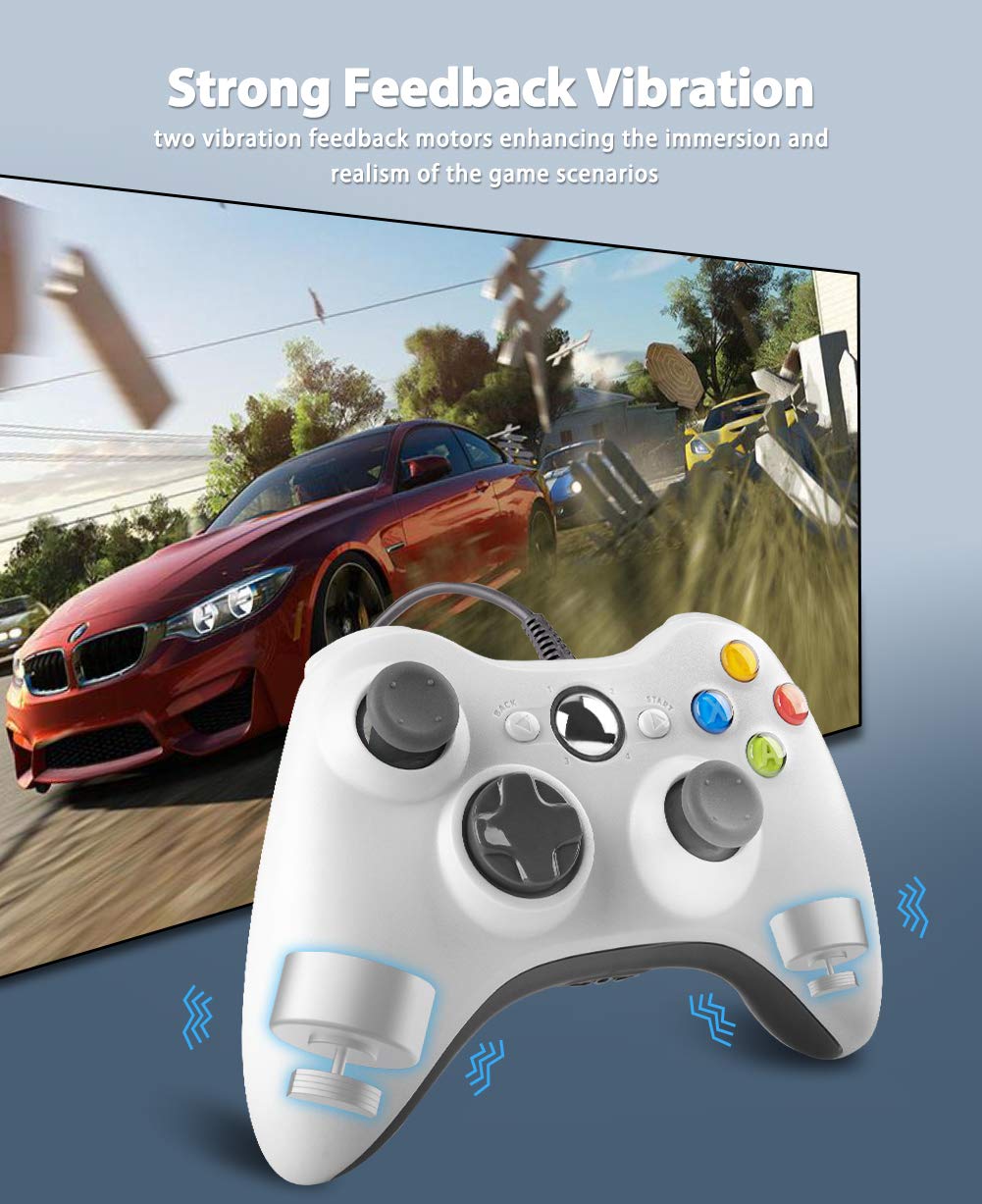 Wired Controller for Xbox 360, YCCTEAM USB Wired Game Controller Gamepad Joystick for Xbox 360/360 Slim/PC Windows 7,8,10 with Dual Vibration and Trigger Buttons (White)
