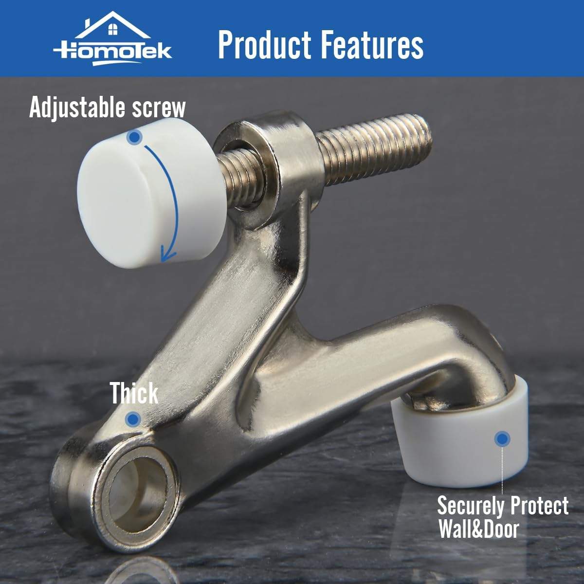 HOMOTEK 1 Pack Hinge Pin Door Stoppers, Hing Door Stops, Adjustable Deluxe Heavy Doorstops for Top of Door, Hinge Stoppers with Black Rubber Bumper Tips, Satin Nickel