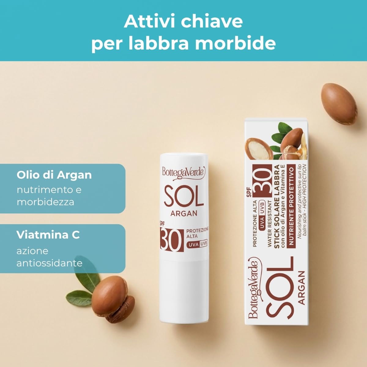 Bottega Verde - Sol Argan, Stick Labbra Solare, 5,5 ml, SPF 30, Arricchito con Olio di Argan e Vitamina C, Nutre e Protegge, con Filtri Solari, Senza Siliconi, Profumo Delicato, Resistente all'Acqua