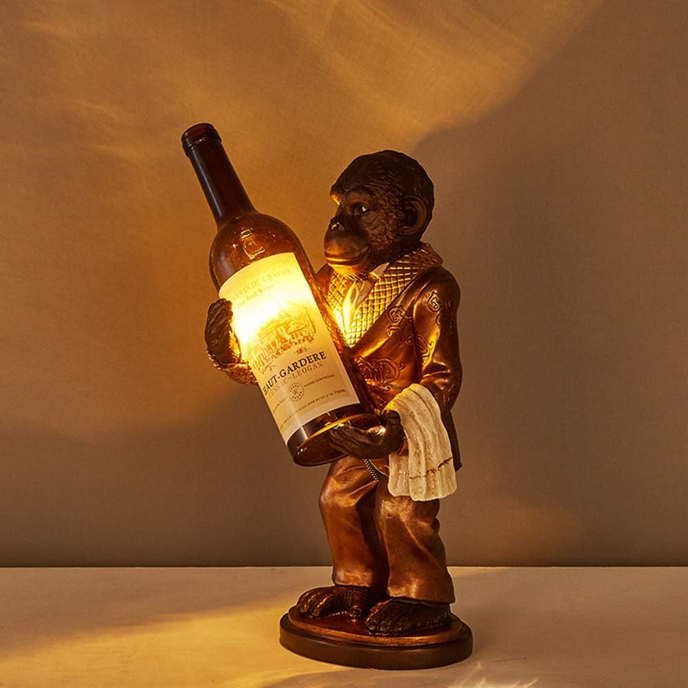 LITFAD Retro Animal Table Light Monkey & Wine Bottle 1 Head Resin Glass Desk Light Industrial Creative Bedside Desk Lamp for Restaurant Bedroom Hotel Bar - Gold