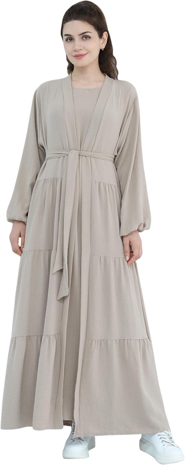 Women Muslim Abaya Dress 2PCS Soft Flowing Cardigan Dress Set Islamic Dubai Modest Kaftan Prayer Robe