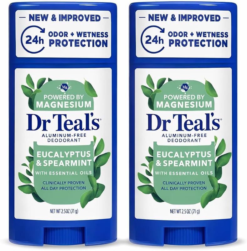 Dr. Teals Set de regalo de desodorante de eucalipto (paquete de 2, 2.5 oz cada uno) - Aceites esenciales de eucalipto con manteca de karité y polvo de arrurruz - Sin aluminio, parabenos ni ftalatos - Probado por dermatólogos