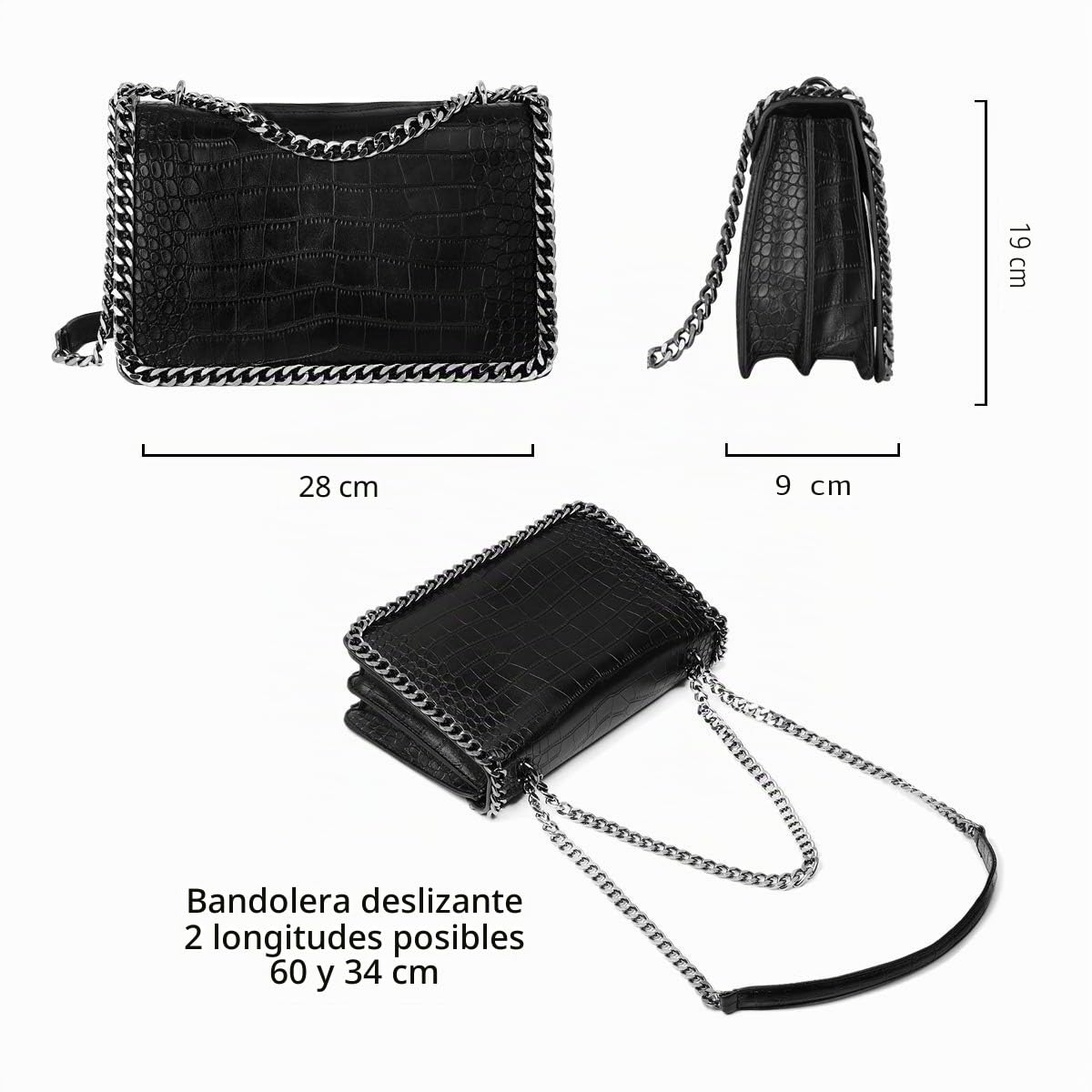 CRAZYCHIC - Bolso Cocodrilo Mujer - Bolso Bandolera Cadena Acolchado Piel Cuero PU Señora - Grande Mensajero Clutch Pochette Crossbody Bag - Bolso Cruzado Embrague Noche Elegante - Negro