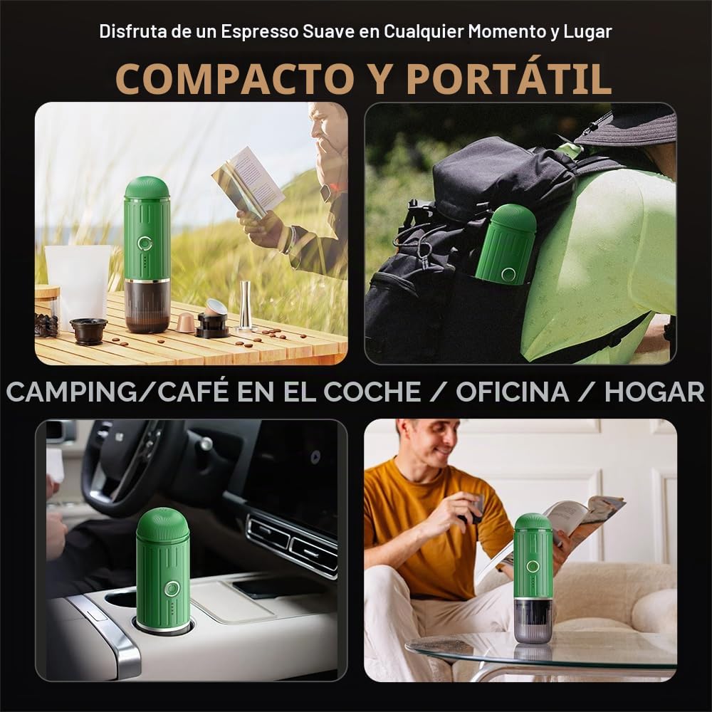 Cafetera eléctrica portátil, cafetera de viaje para autocaravanas, autocalentable, con café molido y adaptador para cápsulas NS para autocaravanas, senderismo y oficina, color verde