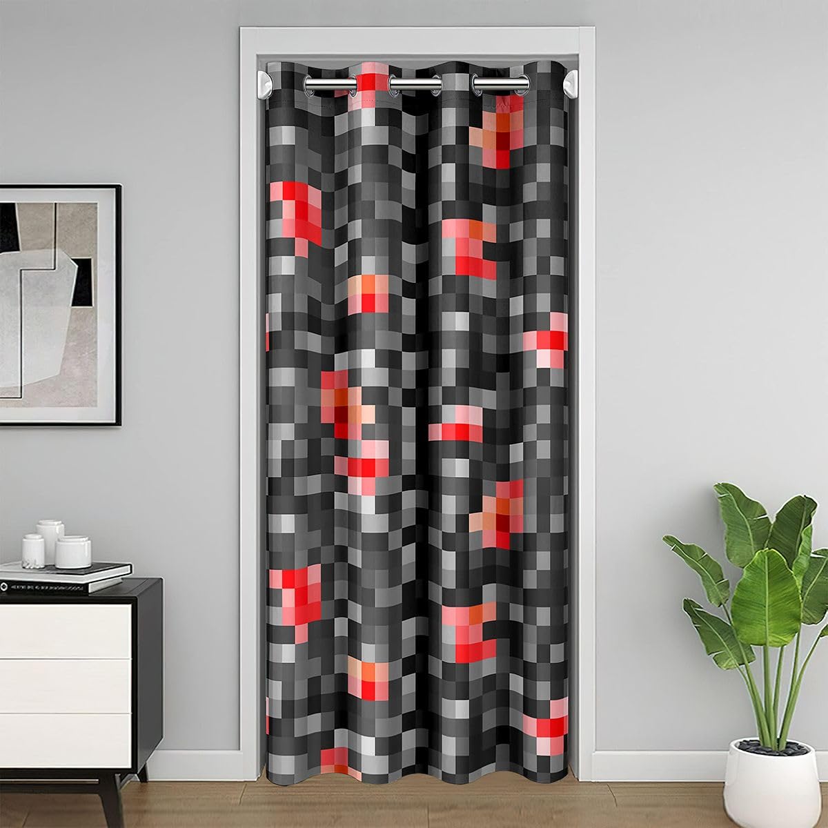 Rideau de porte patchwork abstrait et treillis géométrique gris rouge