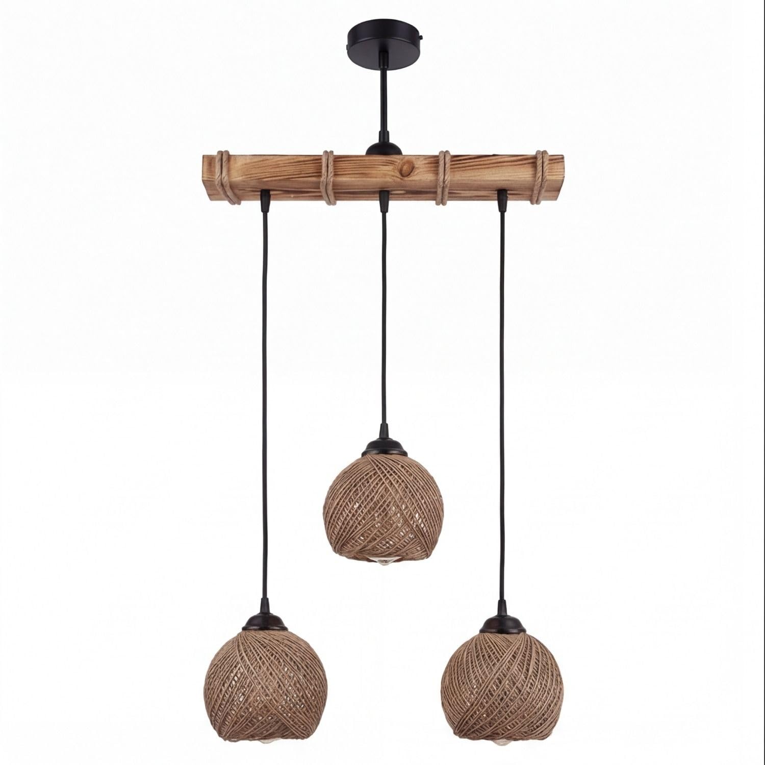 Licht-Erlebnisse Hängelampe Balken 49 cm breit H: max. 110 cm geflammtes Holz Balken Jute E27 3-flammig Modern Pendelleuchte Esszimmer Wohnzimmer