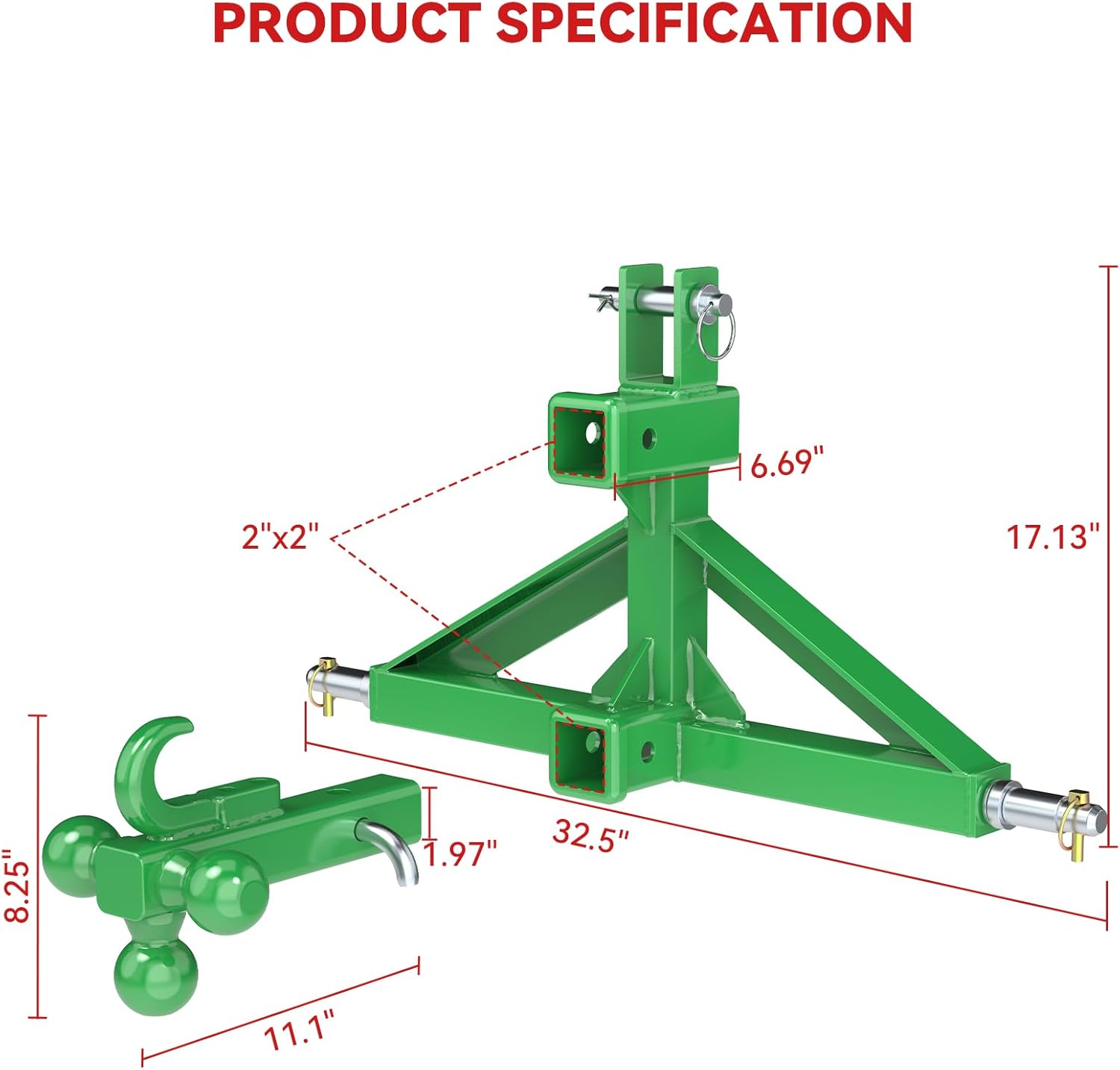 Green 3 Point Hitch Receiver Dual 2” Receiver with Tri-Ball & Hook, Heavy-Duty 3 Point Quick Hitch Category 1, 3 Point Hitch Attachments Fit Gooseneck, 5th Wheel & Ball Hitch, Fit Category 1 Tractors