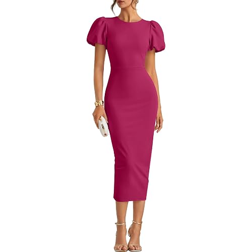 ZESICA Women's Summer Short Sleeve Bodycon Midi Dress 2026 Spring Elegant Formal Wedding Guest Cocktail Party Dresses
