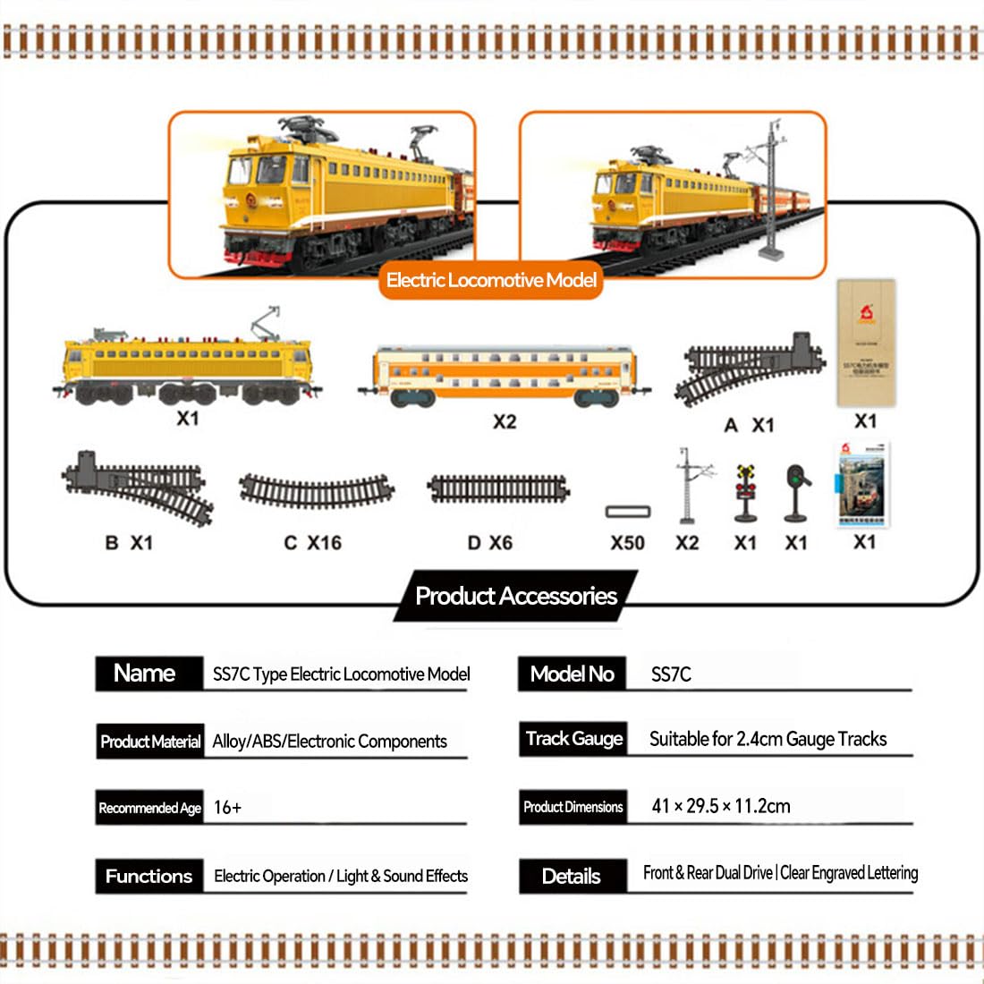 SS7C Mini train électrique en alliage, modèle de locomotive à vapeur réaliste avec wagons de passagers et longue voie