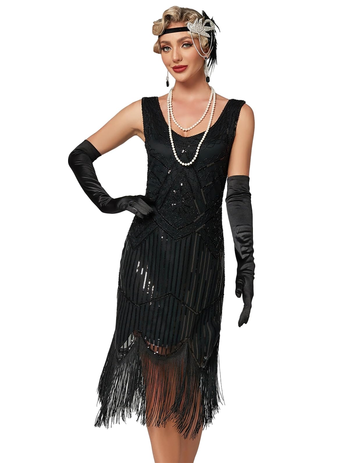 Viloree Robe Gatsby Femme Frangée Costume Flapper 1920 V Cou Soirée Paillette