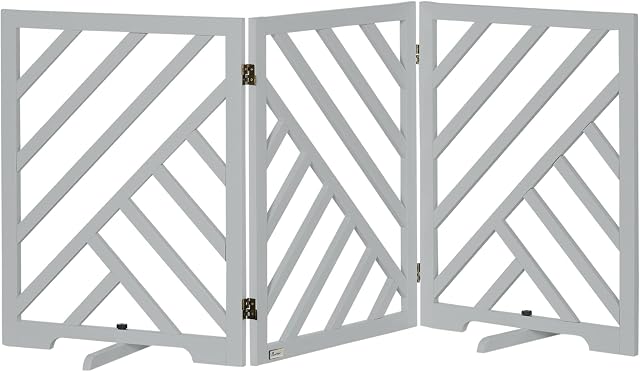 PawHut Dog Gate Freestanding Pet Gate Folding Wooden Puppy Fence Indoor Barrier w/ Two Support Feet, for Doorways, Staircases, Corridors, 76H X 181Wcm - Grey