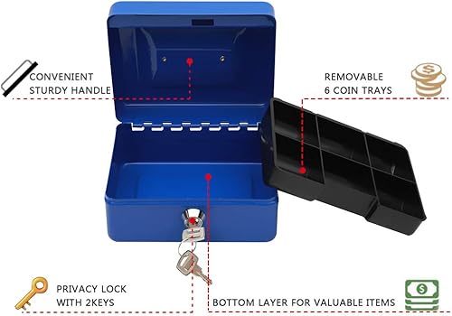 Vista 130 de KYODOLED Caja de dinero mediana con bandeja para dinero, pequeña caja de seguridad con llave, cajón de efectivo, 7.87 x 6.30 x 3.54 pulgadas, verde