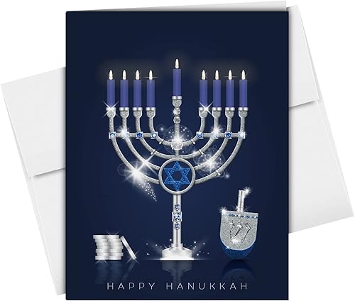 Happy Hanukkah - Juego de tarjetas de felicitación con sobres elegante Menorah azul Dreidel y monedas plateadas para fiestas religiosas judías