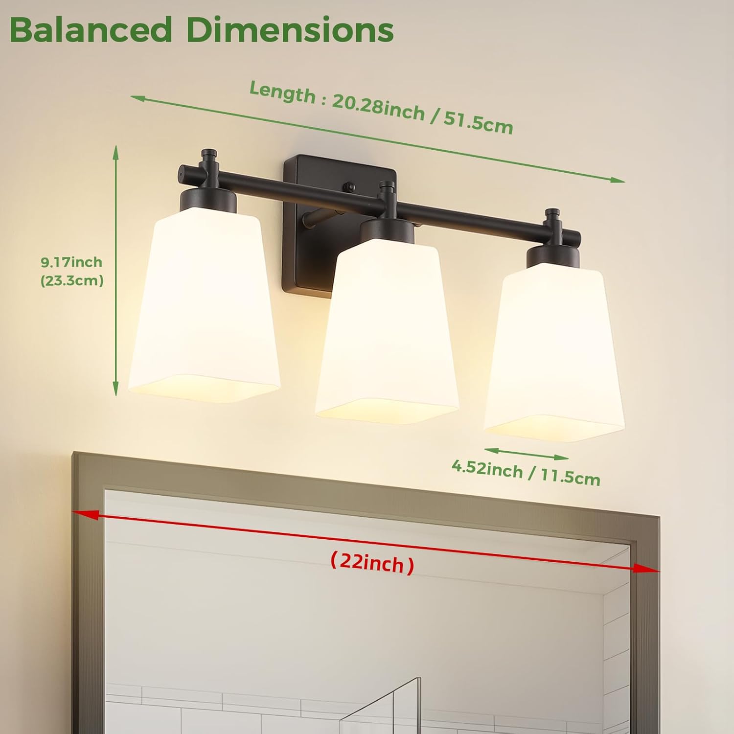 3-Light Bathroom Light Fixtures, 20" Black Modern Vanity Lights with Glass Shade, Bathroom Wall Lamp for Mirror Kitchen Living Room Hallway Porch
