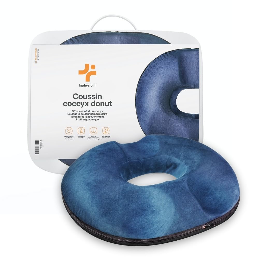 Inphysio Steißbeinkissen in Donutform - Orthopädisches und ergonomisches Kissen aus Memory-Schaum - Stuhlkissen Büro, Auto - Rückenschmerzen, Schwangere, Hämorrhoiden - 45x40x7 cm