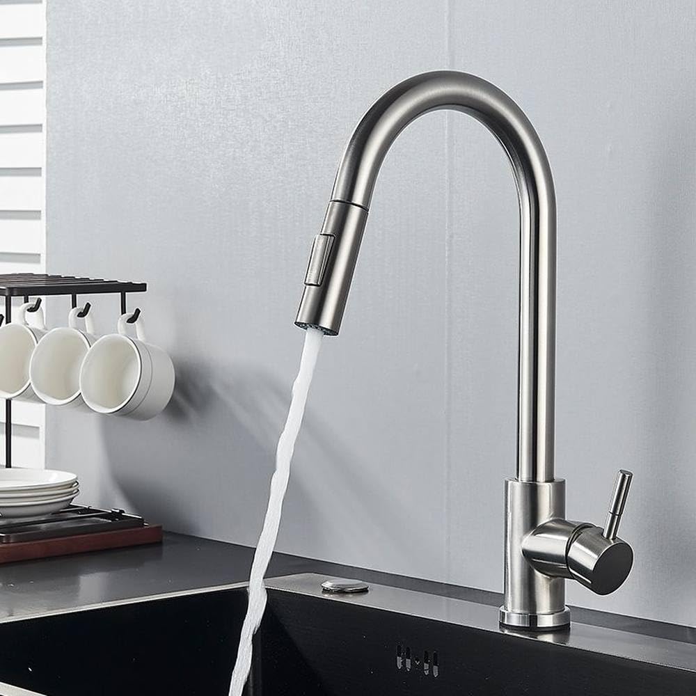 FCXWEVR Matte Black Touch Sensor Kitchen Faucet - Pull-Out Smart Mixer Tap with Double Water Mode Rotatable Hot & Cold Crane Brushed Nickel Finish for Modern Kitchens