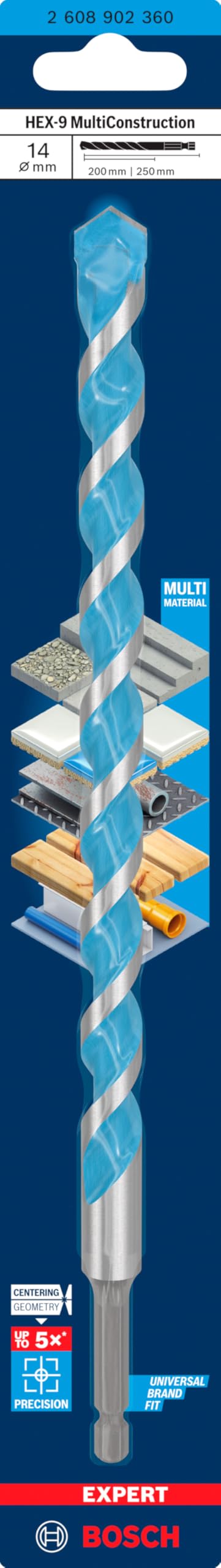 Bosch 1x EXPERT HEX-9 MultiConstruction Drill Bit (for Concrete, Soft tiles, Ø 14,00 mm, Professional Accessory Impact Drill/Driver, Rotary Drill/Drivers)