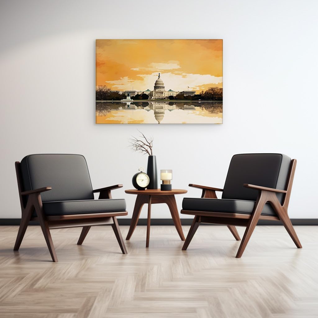 Canvas for Living room. Sunset Serenity at the United States Capitol: A Majestic Display of Colors and Reflections, 27 x 18 inch Canvas Wall Art - Ready to Hang - 69x46 cm (27x18 inch)