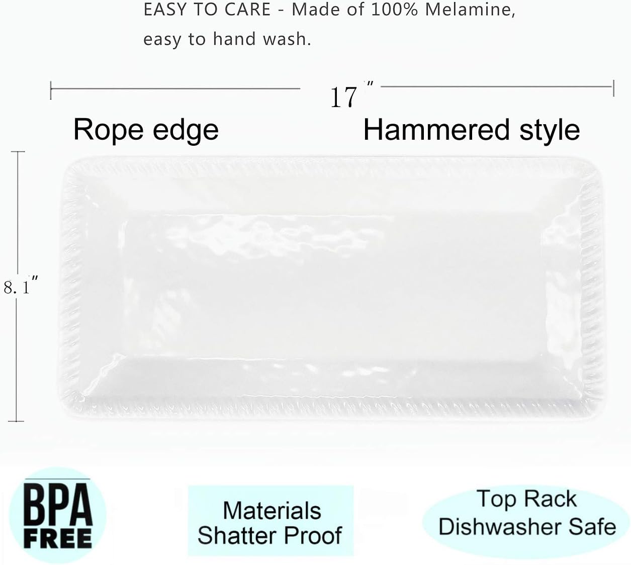 KX-WARE 17-Inch Melamine Serving Tray/Platters Set of 2, White & Rectangular | 100% Melamine,Dishwasher Safe,BPA Free - Image 2