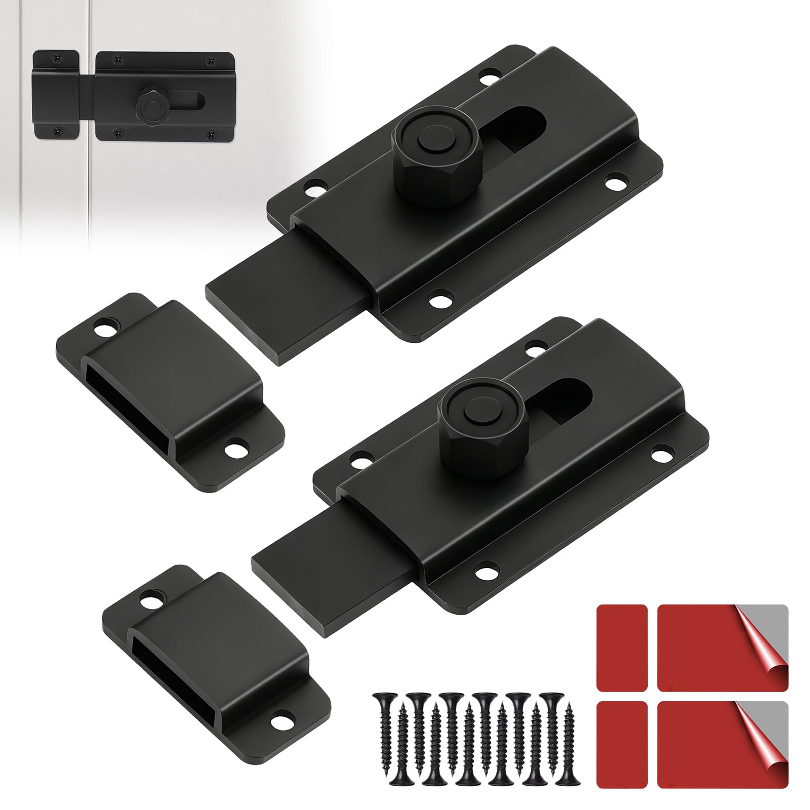 2 Pcs Door Bolt Lock with Screws, Heavy-Duty Sliding Bolt Lock for Bedroom Door Bathroom Garden Garage Cabinet Kitchen Office Rust-Resistant and Durable (Black)