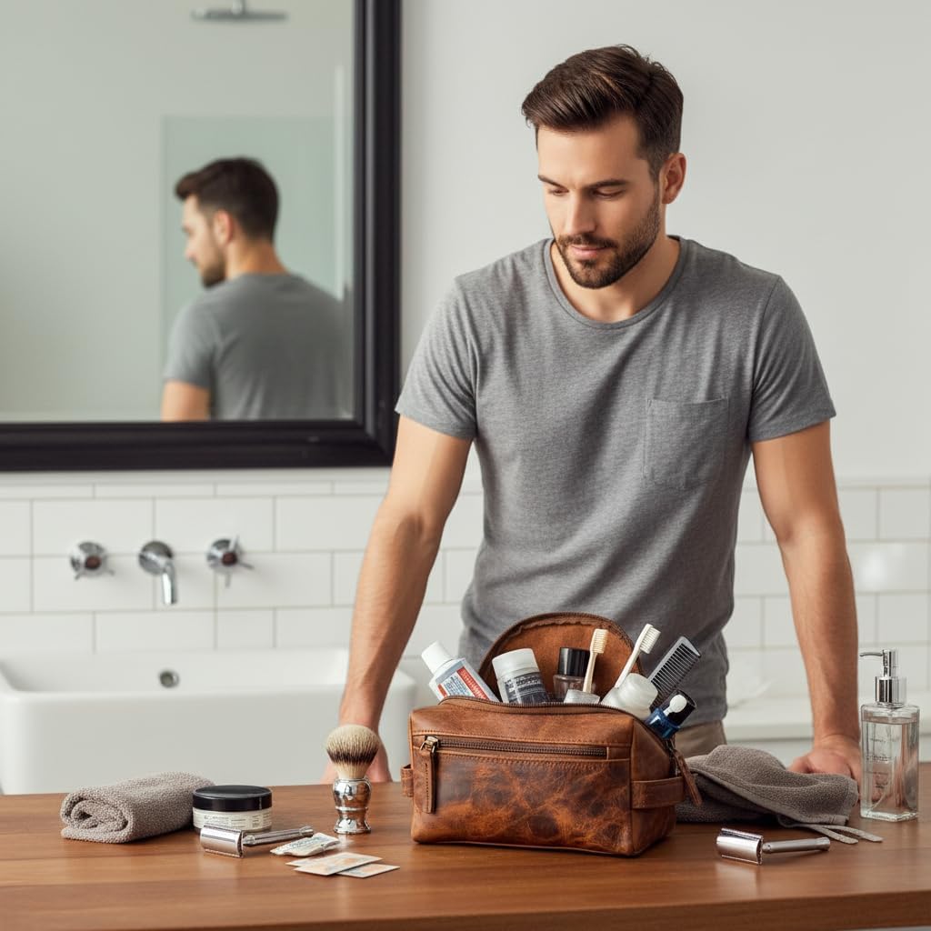 Real Grain Leather Toiletry Bag for Men Dopp kit with Waterproof Lining, Toiletries Organizer, Grooming Travel Pouch, Bathroom Shaving Kit Zipper Bag (Small)