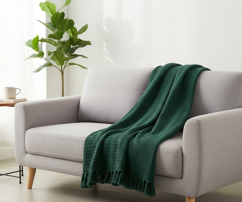 Subtlespreads Waffle Weave 100% Cotton Sofa Throw Blanket | 50x60 Inches | Soft, Breathable, Lightweight Couch Throw for Bed, Travel, Boho Home Decor 15+ Colors (Bottle Green)