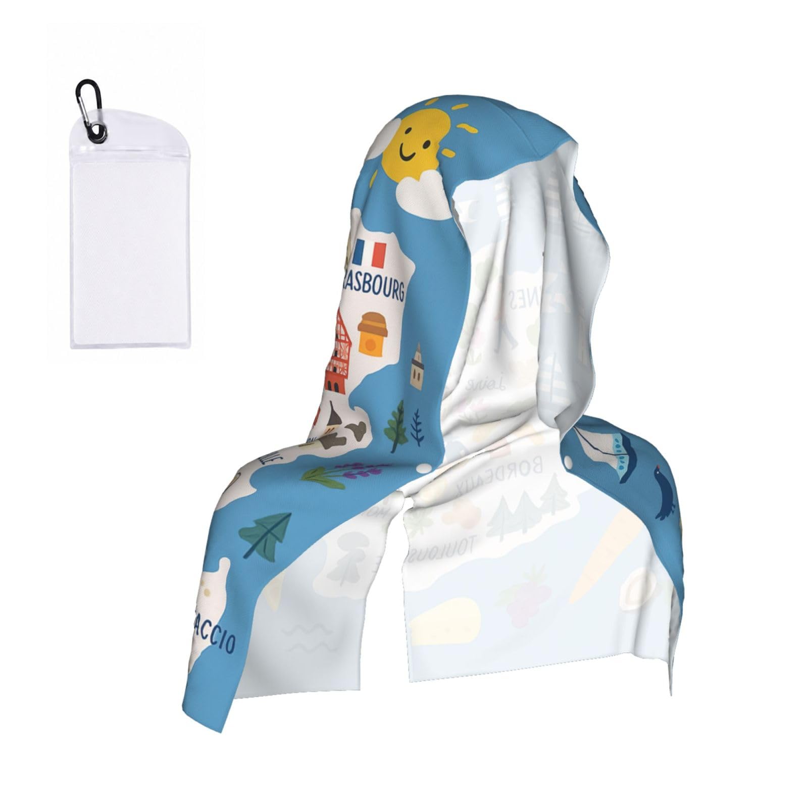DUWAA France Map With Icons Decorat Print Cooling Hooded Sports Towel, 30×60cm Quick Drying Summer Cool Head Wrap For Neck And Face
