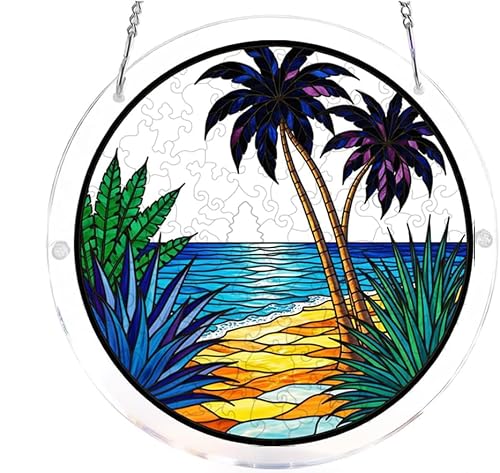 Tropical Beach Palm Tree Acrylic Jigsaw Puzzles Suncatcher, 8.9 Inch Window Hanging Suncatcher Acrylic Puzzle, DIY Home Decor Art Gift
