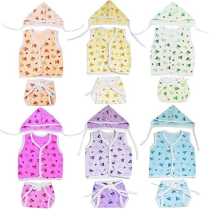 Image of Fareto New Born Baby Clothing Set Front Open Half 6 Shirts | 6 Tying Nappies | 6 Tying Caps | Infant Cloths (0-3 Months) (Pack Of 18)