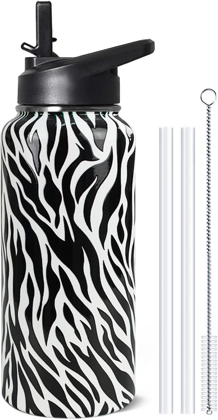 32 Oz Zebra Stripes Water Bottle With Handle, Flip Lid & Straw - Insulated Travel Coffee Mug, Animal Print Gifts for Women Men