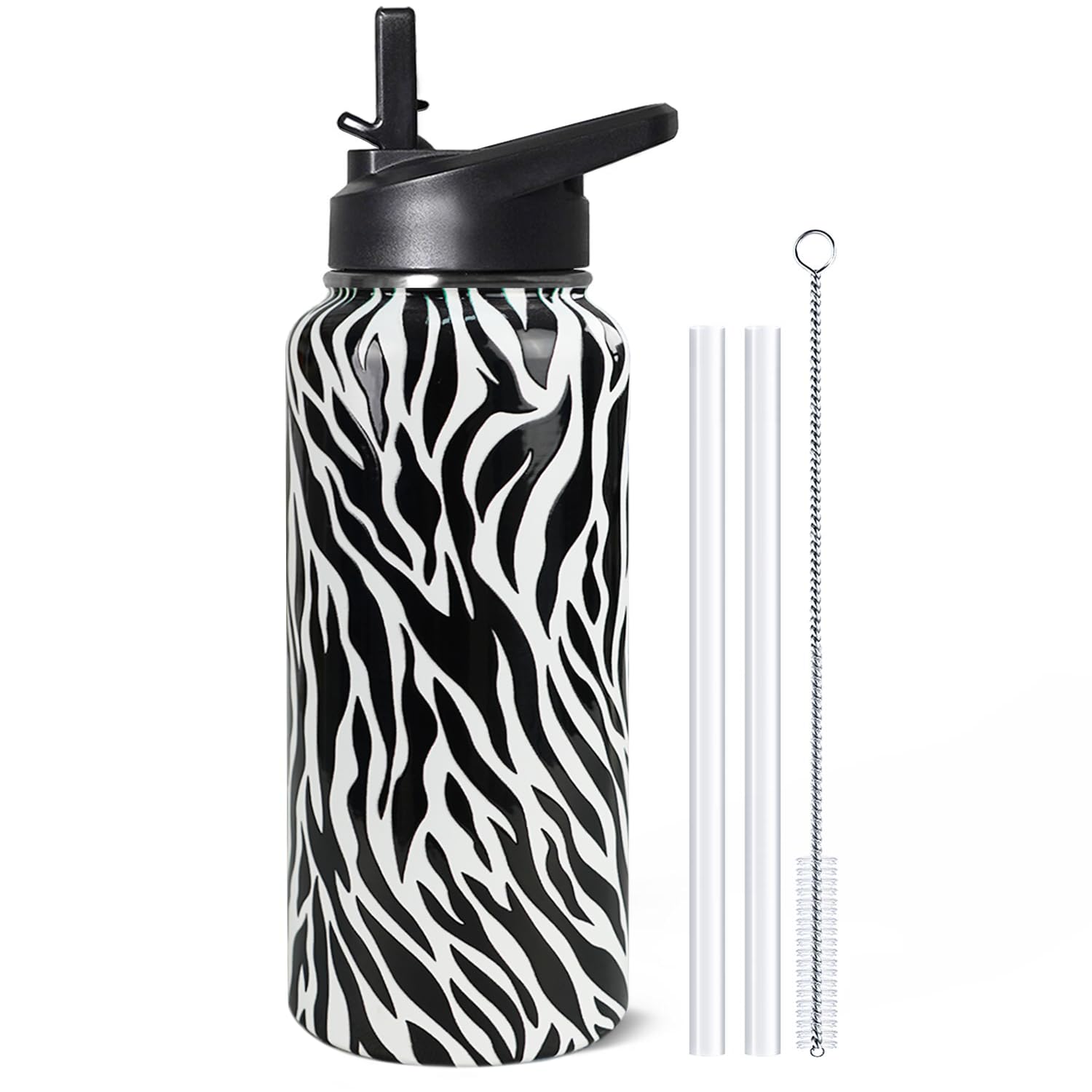 32 Oz Zebra Stripes Water Bottle With Handle, Flip Lid & Straw - Insulated Travel Coffee Mug, Animal Print Gifts for Women Men