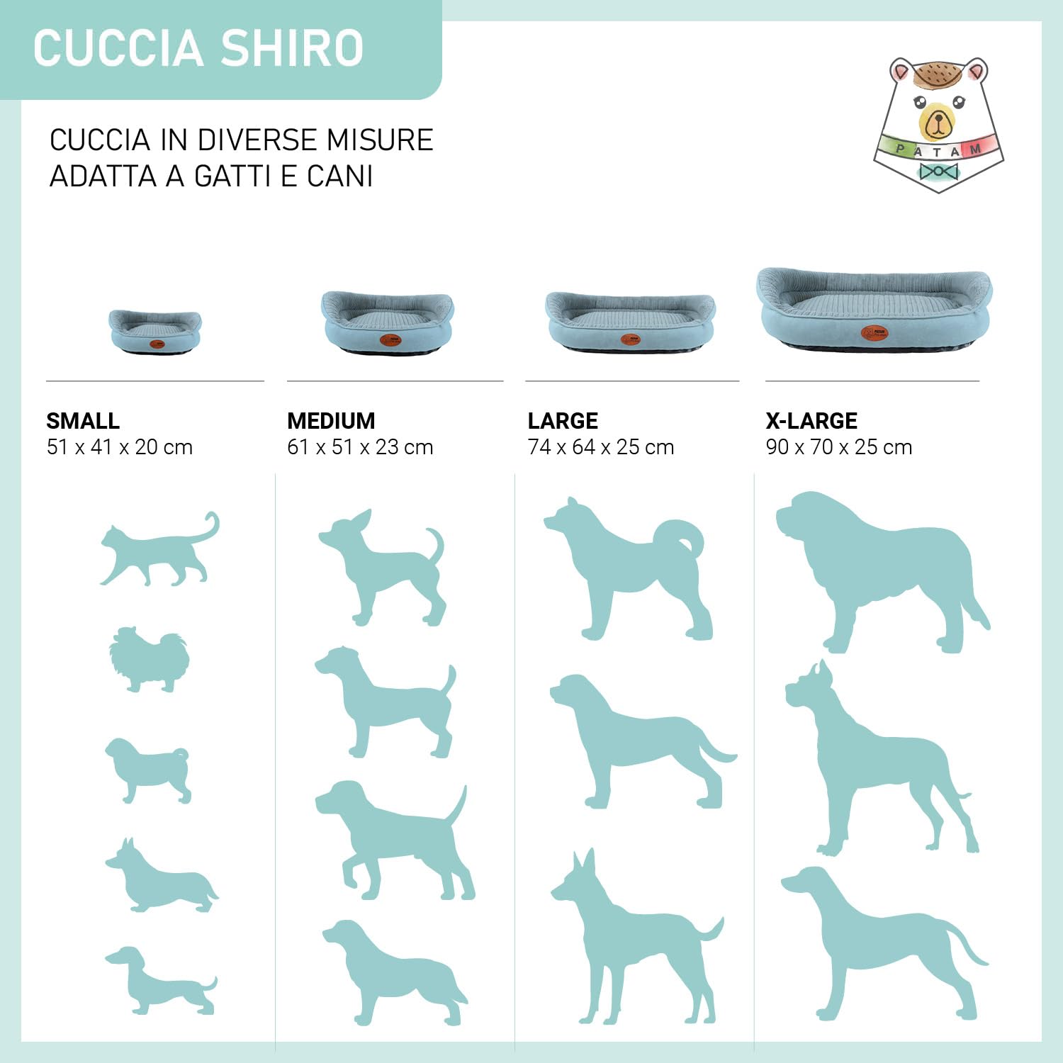 Cuccia Cane e Gatto Interno, Lettino Morbido Sfoderabile, Antiscivolo, Shiro Azzurro, Extra-Large 90x70x25 cm