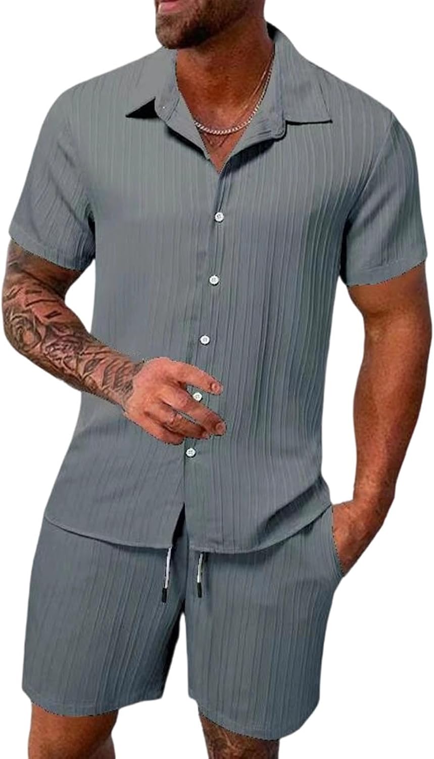 Men Cuban Track Suits:Fashion Button Down Short Sleeve Blouses and Shorts Work Bussiness Beach Vacation Outfits
