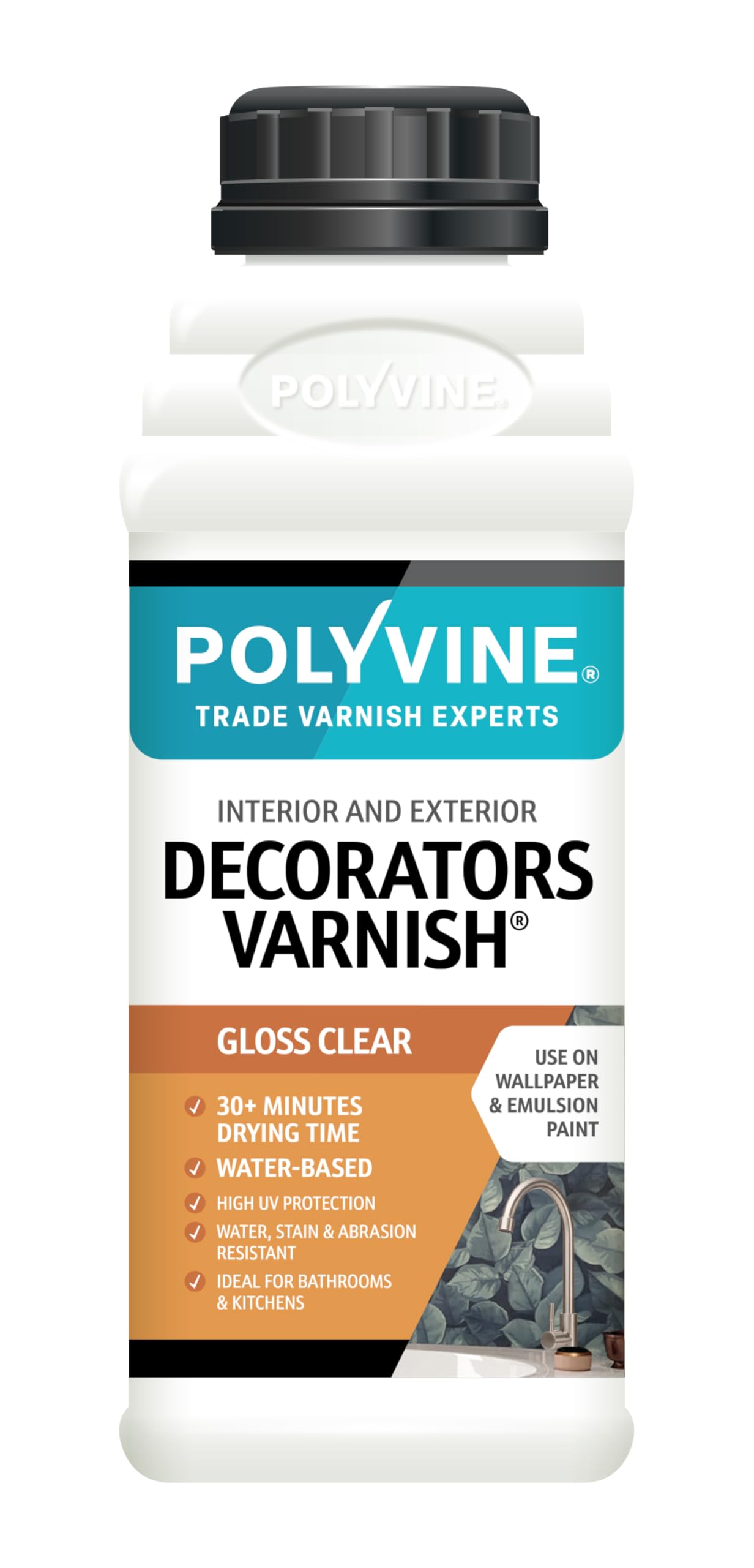 Polyvine Decorators Varnish Gloss – Water Resistant Clear Varnish with UV Protection - Seals and Protects Emulsion, Acrylic Paint, Wallpaper, Wood, Furniture, Plaster & Fabric, 500ml