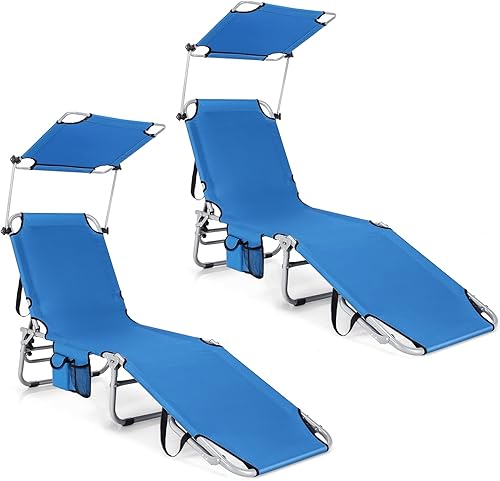 GYMAX Silla plegable de playa tumbona con asa de transporte y bolsillo cuna ajustable de 5 niveles con sombra giratoria plegable portátil para patio
