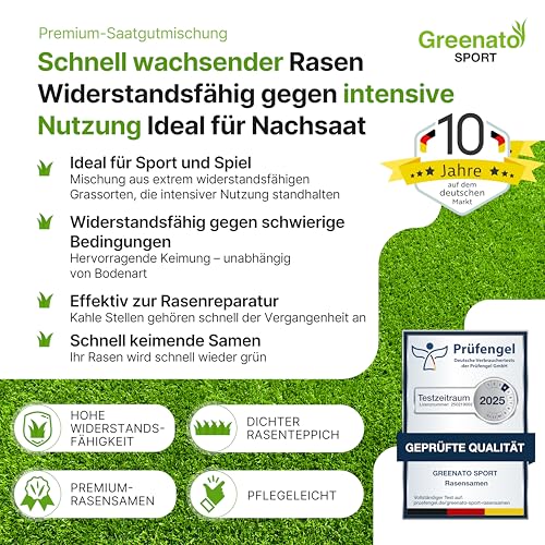 Greenato Sport 1kg Grassamen - Sport und Spielrasen Rasensamen schnellkeimend Turbo Nachsaat Rasen Gras Spielrasen Samen Rasen lückendicht ideale Reparatur Mischung für 40m²-100m²