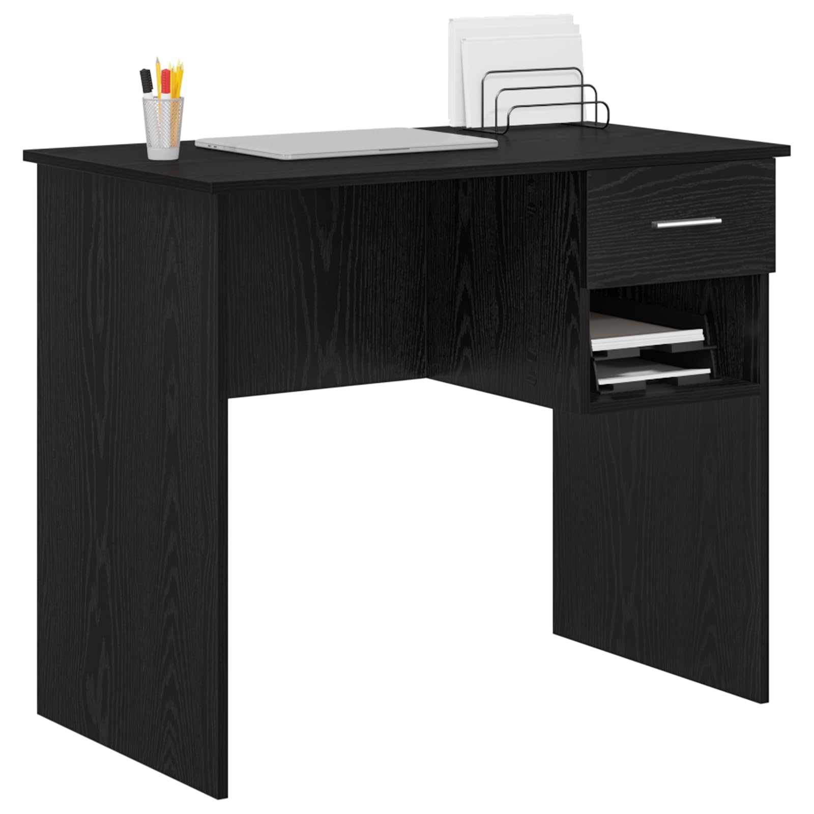 Moderner Schreibtisch mit Lagerung in Schwarzer Eiche 90x49.5x75 cm aus Verleimtem Holz, Stauraum mit Schublade und Regal für Büroorganisation, Robuste Bauweise und Elegantes