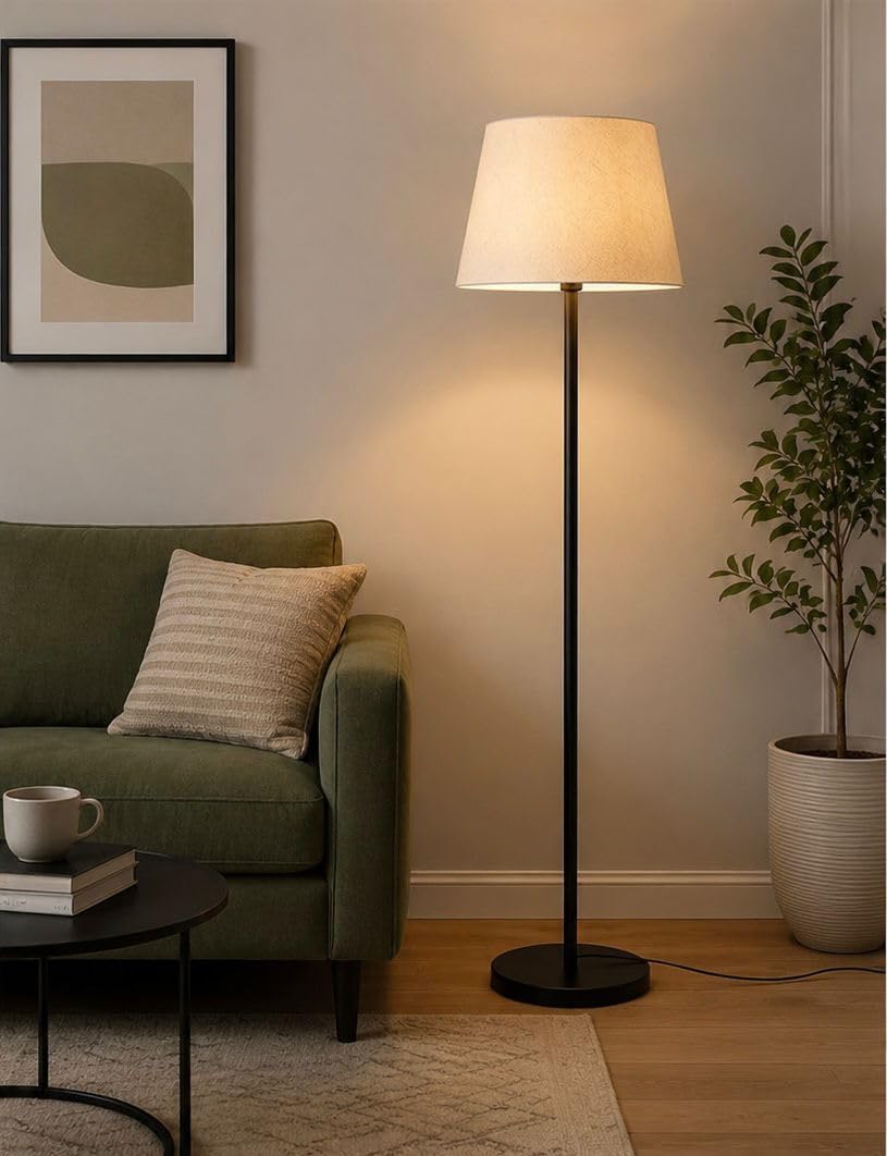 Modern Floor Lamp with Beige Fabric Shade, Black Metal Stand, Living Room Standing Light-picture-19