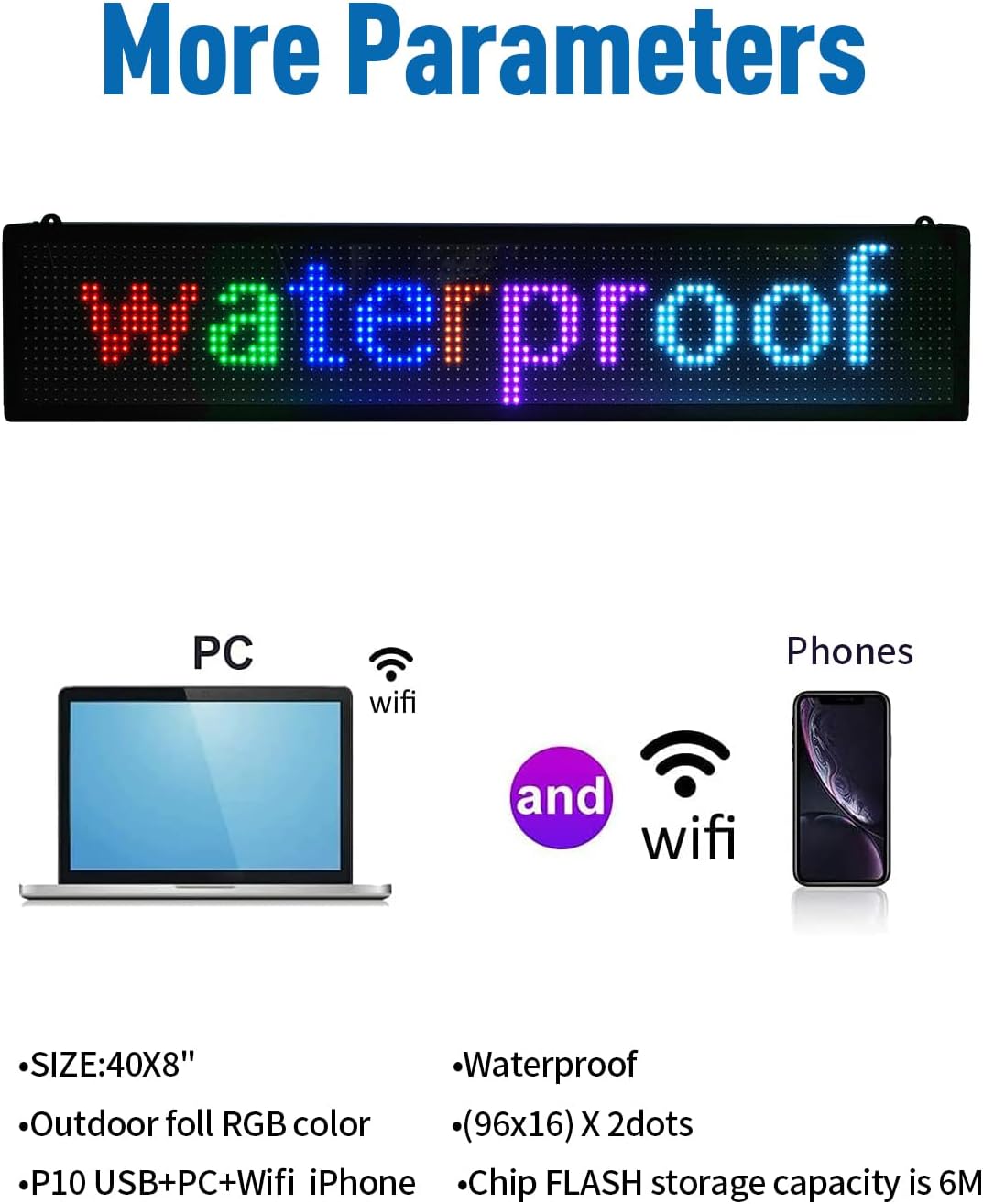 P10 Scrolling Led Sign, Indoor Outdoor Full Color Double-sided LED Advertising Digital, 40" x 8" USB+WiFi Programmable Scrolling Message Board for Business, Shop, Window - Image 2