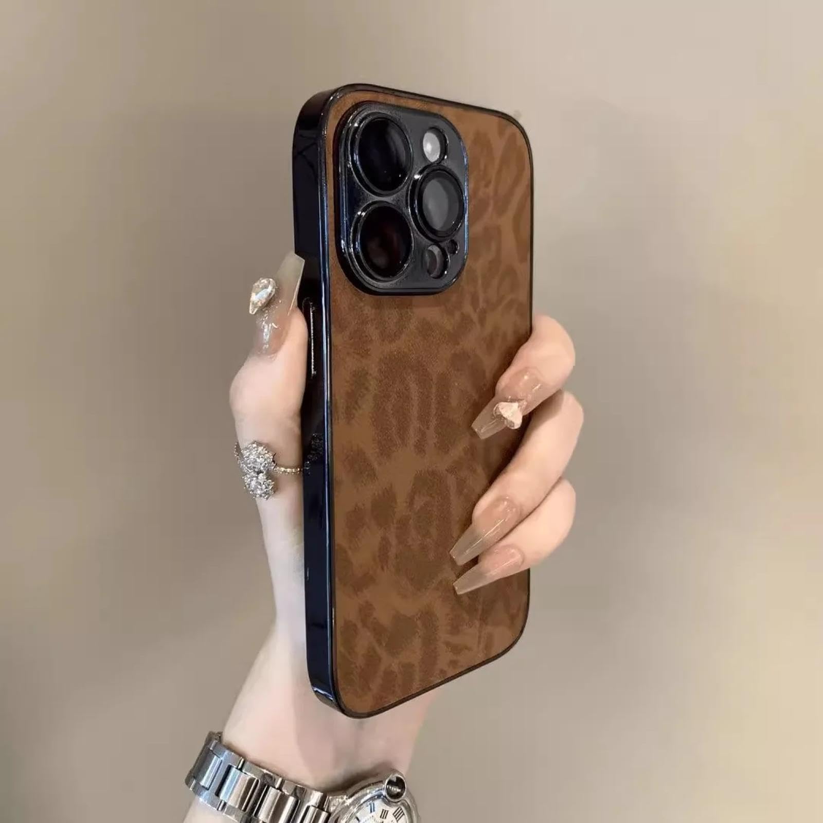 Coque léopard iPhone 13 Pro métal rigide fini les rayures marron