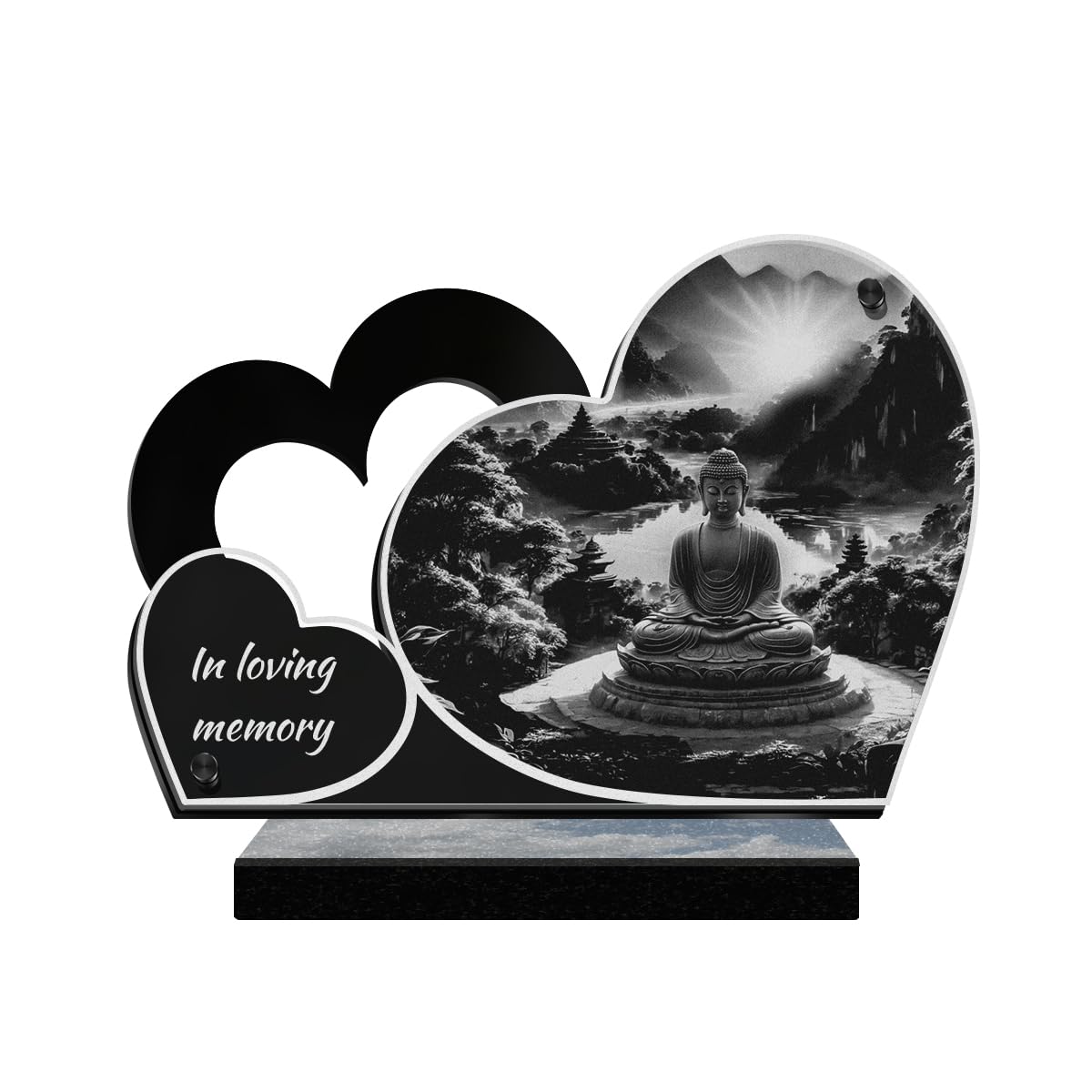 ETERNEL - Personalized Double Heart Memorial Plaque - Buddha, Buddhism, Spirituality - Customizable text, laser-engraved memorial plaque for tribute, funeral plaque, tombstone, funerals