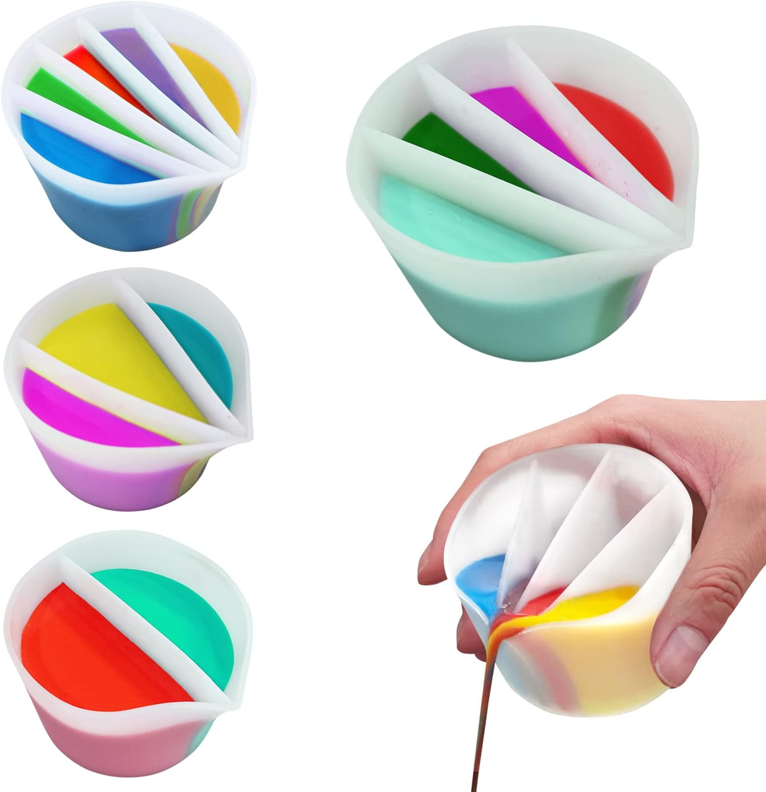 Split Cup for Paint Pouring Fluid Art Silicone Split Cup Resin Pouring Painting Tools DIY Making Drawing Accessories Reusable Split Cup with Dividers (4 Channels)