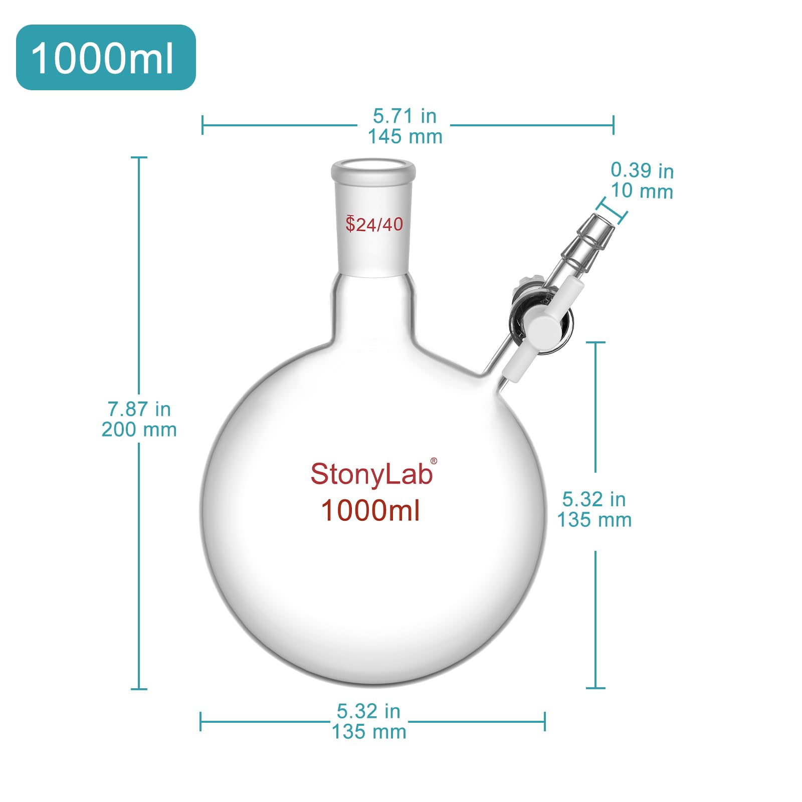 stonylab Reaktionskolben, Borosilikatglas-Einzelhals-Reaktionskolben mit 24/40-Gelenk und PTFE-Hahnventil, Rundbodenkolben, 1000 ml