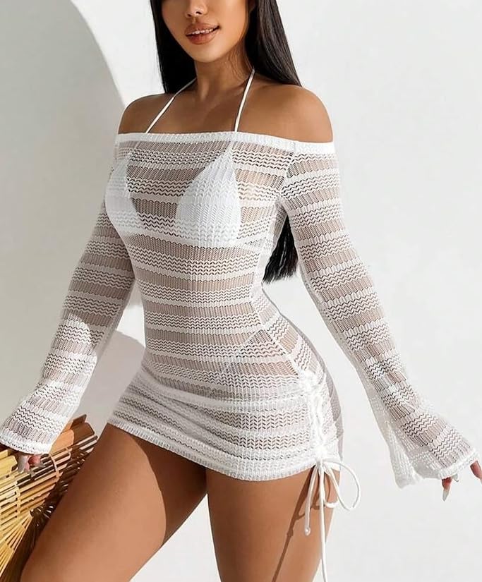 Image of ZAFUL Womens Swimsuit Cover Up Dress Off Shoulder Hollow Coverup Bathing Suit Mesh Swim Beach Dress