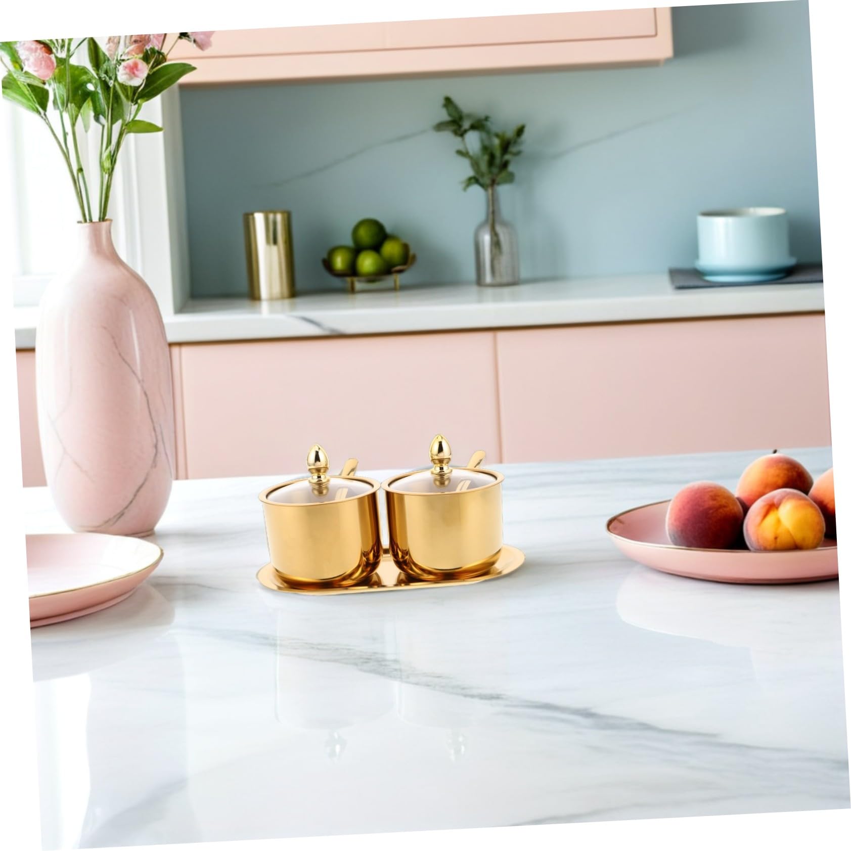 Gewürzbehälter Edelstahl mit Glasdeckel Löffel und Tablett Salz und Gewürz Streuer Küchenbehälter für Salz Pfeffer Zucker Praktisches für Gewürze und Kräuter