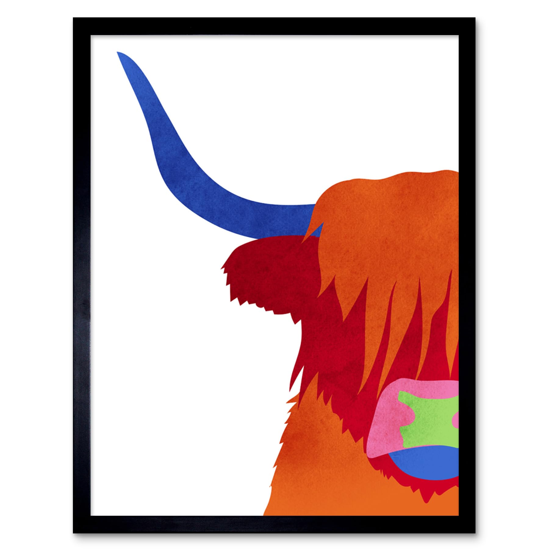 Wee Blue Coo Framed Black Bright Highland Scottish Cow Bull Coo Colourful Art Print Framed Poster Wall Decor 12X16 Inch