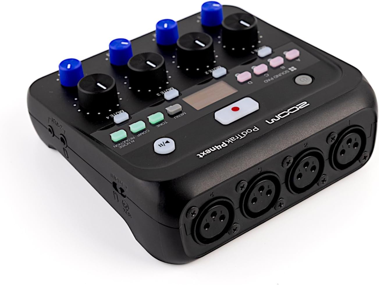 Zoom PodTrak P4next Podcast Recorder, 4 Mic Inputs, 4 Headphone Outputs, Battery Powered, AI Noise Reduction, Sound Pads, Phone Input, USB Audio Interface