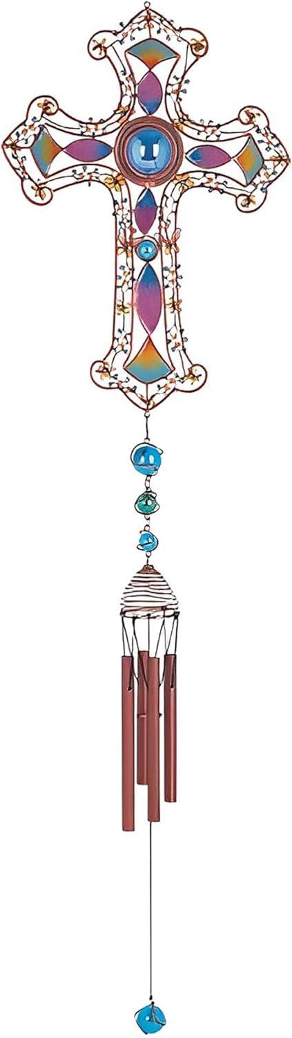 ICE ARMOR 35" Long Purple Cross Wind Chime with Copper Gem Statue Sculpture Ornament Decoration Garden Decor Ideas for Housewarming, Holidays and Birthdays Great Collectible Addition