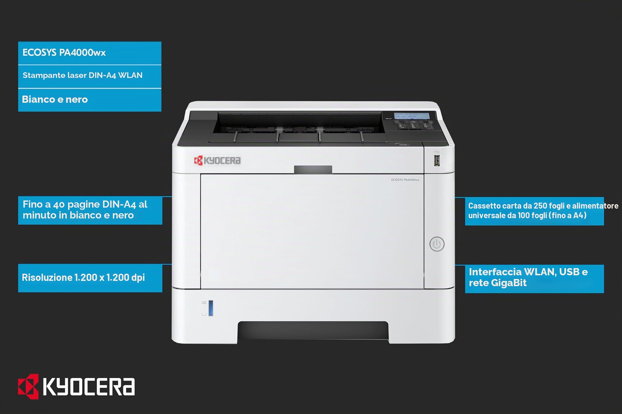 Kyocera Ecosys Pa4000wx - Drucker - S/w - Duplex - Laser - A4/legal - 1200 X 1200 Dpi - Kapazit?t: 350 Bl?tter - Usb 2,0, Gigabit Lan, UsB-Host, WI-F