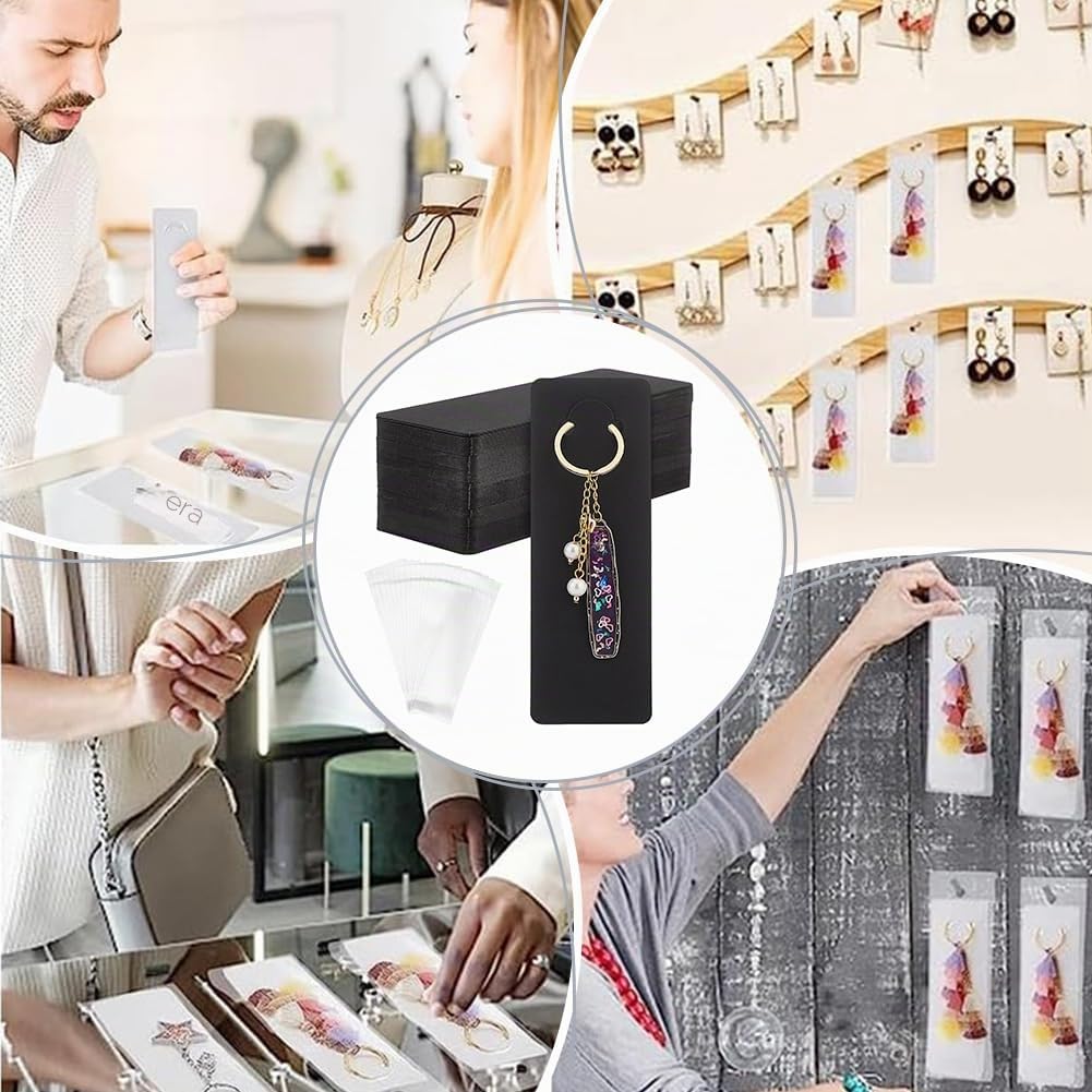 PH PandaHall Set de 100 Tarjetas de Visualización con Llaveros y Bolsas Autosellantes, Soporte de Papel Negro para Exhibición, Embalaje de Joyas, Negro